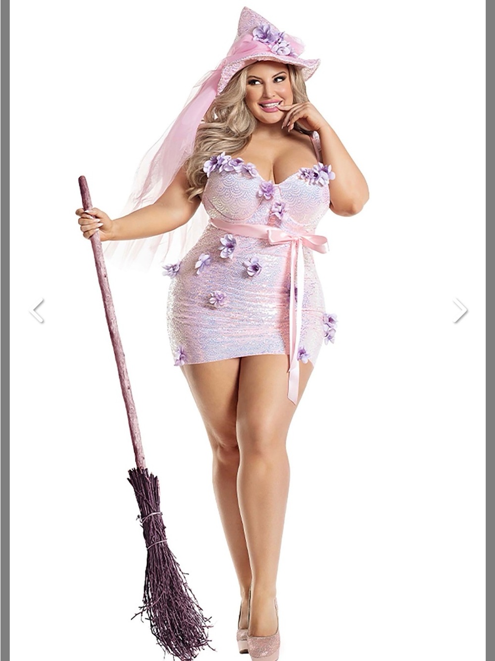 Plus Size Pink Witch Costume With Purple 3D Florals & Matching Hat